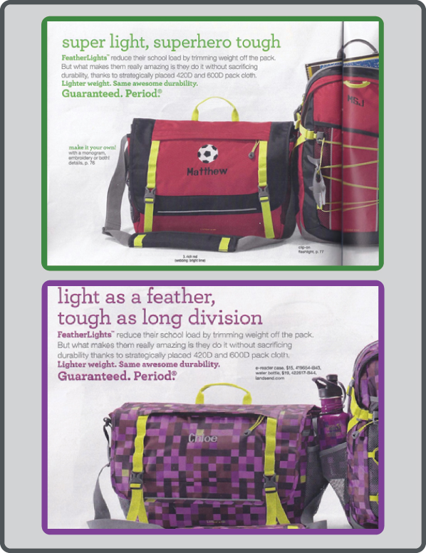 Ad for boys' and girls' school bags
